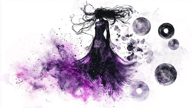 an abstract watercolor portrayal of Hecate with black and purple magic circles