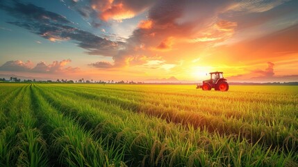 Fototapeta premium Sunset tractor on rice paddy field