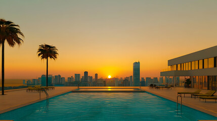 Fototapeta premium Sunset Rooftop Pool With City View