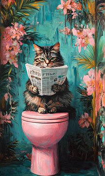 Humorous image of a cat sitting on a toilet seat while reading the newspaper, surrounded by floral wallpaper.
