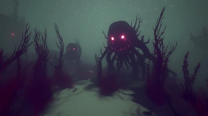 Eerie creatures emerge from the dark depths of a fog covered area