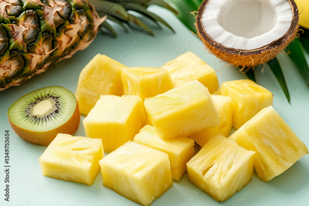 Poster pile of pineapple slices and a kiwi on a table. the pineapple slices are cut into cubes and the kiwi