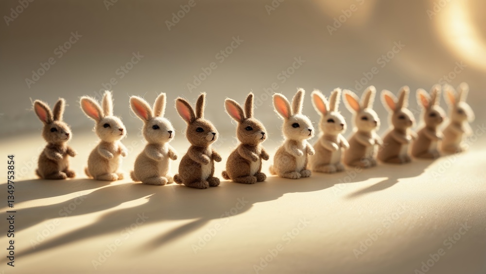 Poster cute rabbits lined up in a row create a charming display of soft colors and shadows on a light surfa
