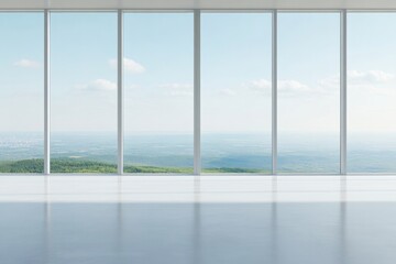 serene illustration of spacious room with floor-to-ceiling panoramic showcasing vast landscape outside capturing peaceful