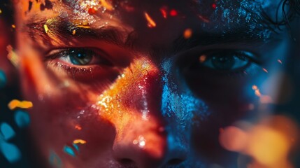 Closeup Portrait of a Young Male with Intense Expression and Colorful Lighting Effects