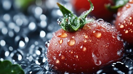 Fresh, vibrant cherry tomatoes covered in water droplets