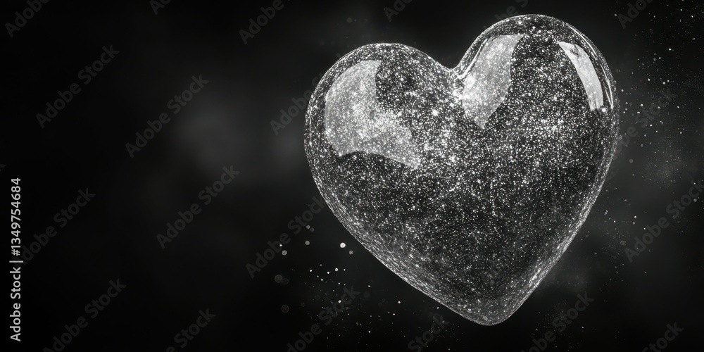 Poster sparkling heart shaped object floats in dark space with shimmering particles surrounding it