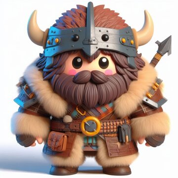 Charming 3D render of a kawaii barbarian character with fur helmet and rugged attire