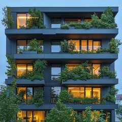 Fototapeta premium Modern apartment building with lush green balconies at dusk.