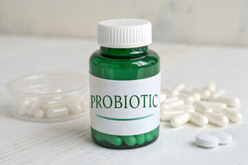 Clinical Probiotics in Green Glass Bottle with White Capsules, Microbiome Support Concept