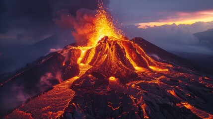 Volcano eruption displays intense lava flow and ash clouds during a dramatic sunset at a geothermal site
