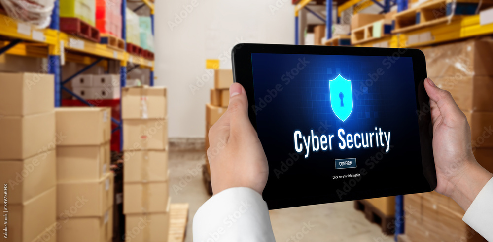 Poster cyber security system on computer screen protect private information snugly from hacker and cyber at