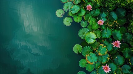 Aerial view of pink lotus flowers and green lily pads on a dark green pond
