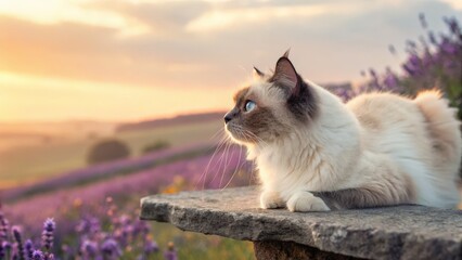 Graceful cat observing a sunset over lavender fields serene nature scene captivating animal photography tranquil outdoor environment side view feline beauty