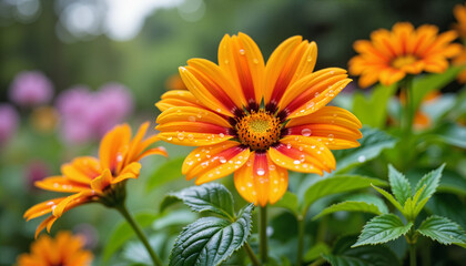 Vibrant orange flowers with drops of water in a lush garden