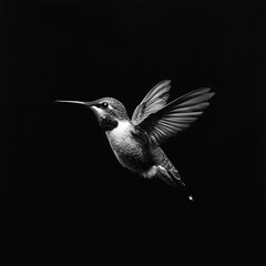 Fototapeta premium A dramatic black and white photo showcases a hummingbird in flight, highlighting its agility and unique wing structure - AI-Generated