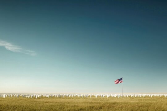 serene scene of sunlit field filled with rows of white crosses or simple markers representing military cemetery under