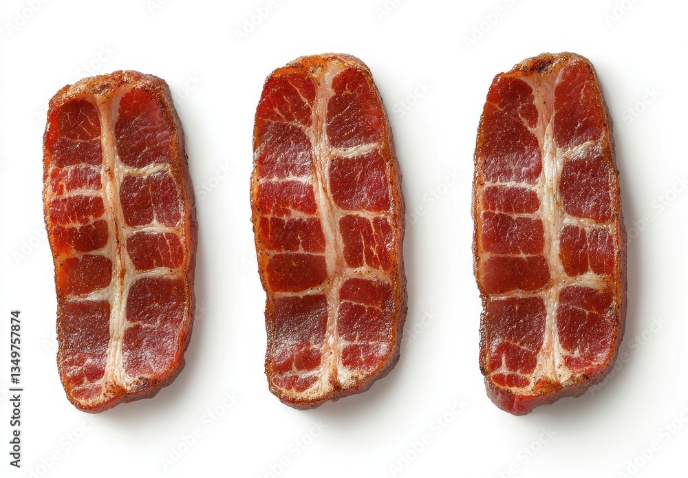 Poster slices of cured meat displayed on a clean white background showcasing marbling and texture in a gour
