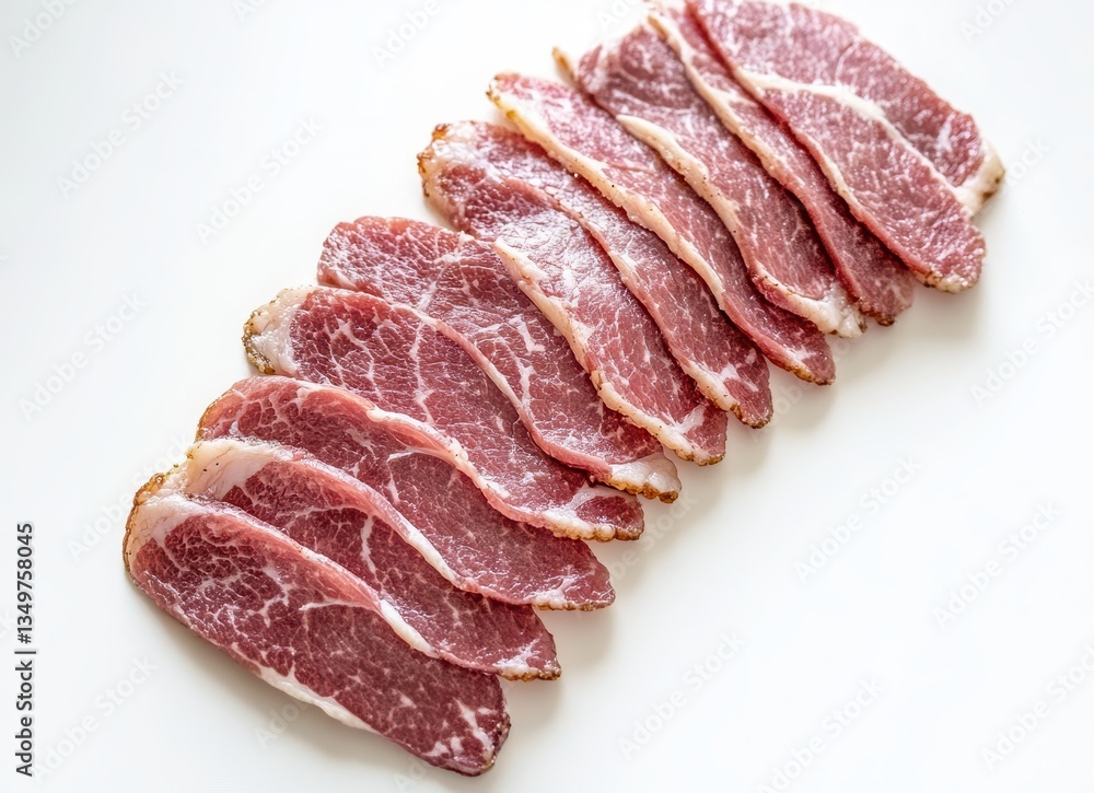 Poster slices of cured meat displayed on a white background showcasing rich color and texture for culinary 