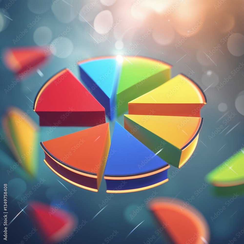 Poster colorful pie chart segments floating against a blurred background with soft light reflections during