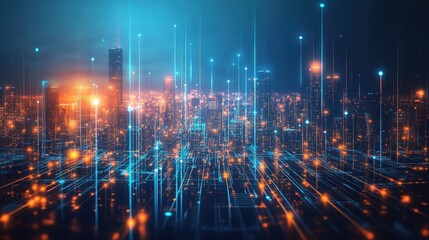 Obraz premium A Futuristic Metropolis Illuminated By Glowing Lines Against A Dark Background