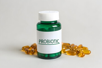 Green Medical Bottle of Probiotic Supplements with Amber Capsules, Intestinal Flora Management