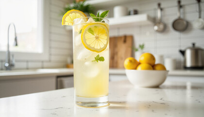 Lemonade with lemon slices and mint on kitchen countertop