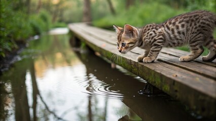 Fototapeta premium Curious bengal kitten observing ripples on a tranquil wooden bridge by a stream in nature's embrace captured at dawn with soft lighting