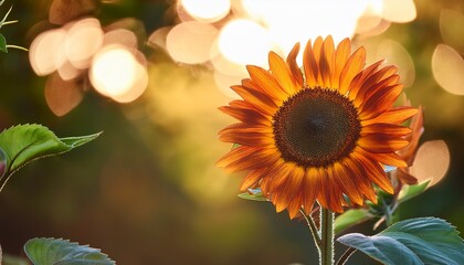 Fototapeta premium an open sunflower illuminated by sunlight with blurred leaves in the background