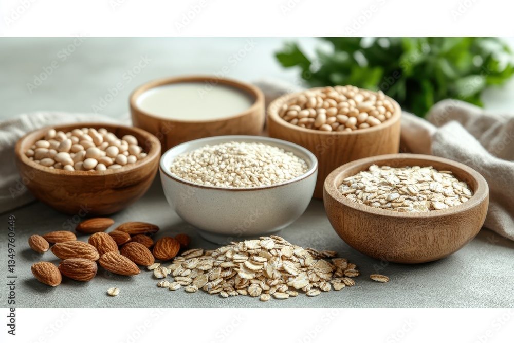 Poster healthy grains and nuts array:a vibrant array of healthy grains and nuts sit invitingly in wooden bo