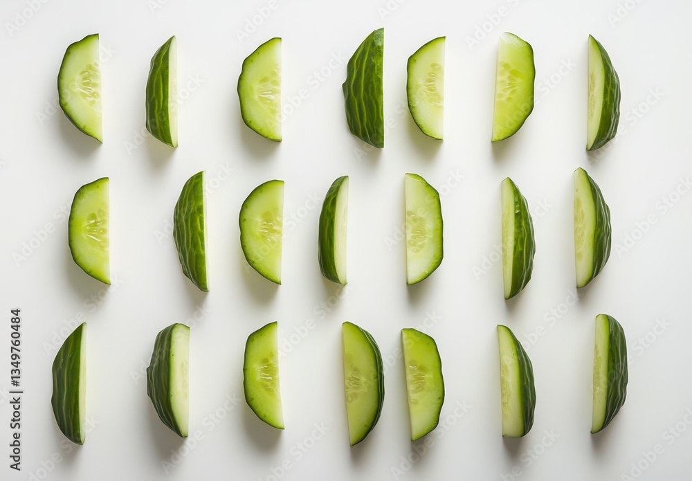 Poster slices of fresh cucumber arranged in neat rows, displaying vibrant green colors and crisp texture on