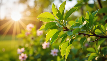 Sunlit leaves with flowers in a vibrant natural background