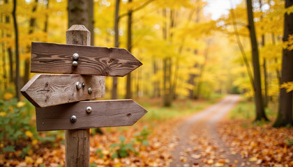 Wooden signpost with directional arrows in autumn forest