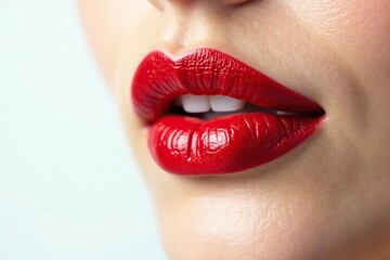 Fototapeta premium Close-up vibrant red lipstick on pure white backdrop, make-up, shiny