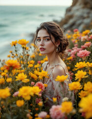 Naklejka premium Editorial shot of a woman on a flower-covered cliff with the ocean in the background