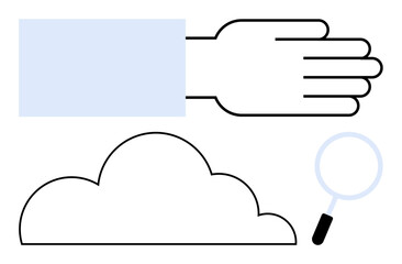 Simplified hand hovering over cloud with magnifying glass as a search tool. Ideal for data, technology, cloud computing, analysis, research, connectivity, software. Flat simple metaphor