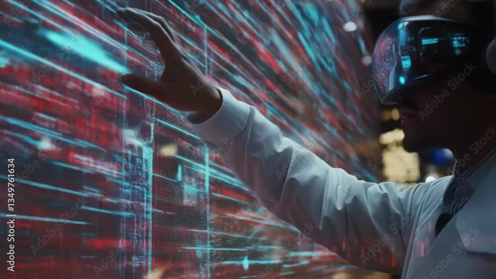 Poster software engineer wearing vr headset and headphones interacting with data on futuristic transparent 