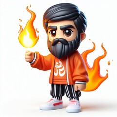 Vibrant Kawaii Style Rendering of Bearded Man with Flame in Urban Attire