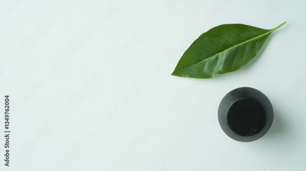Poster single dumbbell and fresh green leaf resting on seamless white background with generous copy space