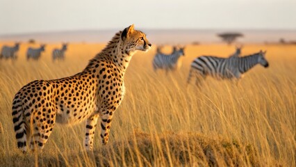 Naklejka premium Cheetah observing herd of zebras in the serengeti national park wildlife photography golden hour lighting natural habitat side view animal behavior