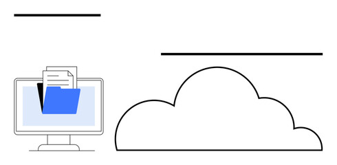 Computer screen displaying folder and documents, large cloud symbol. Ideal for cloud storage, technology, file sharing, data management, digital organization, online collaboration, flat simple