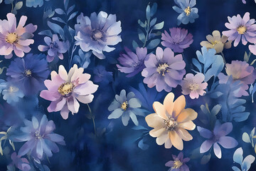 Elegant Floral Watercolor Painting with Dark Blue Background Texture
