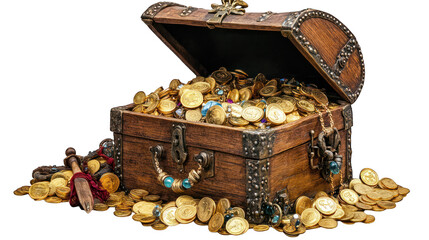 A pirate?s treasure chest overflowing with gold coins and jewels on a transparent background 