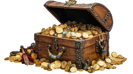 A pirate?s treasure chest overflowing with gold coins and jewels on a transparent background 