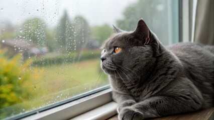 Contemplative cat observing rainy day outside from a cozy window indoor setting nature and pet photography calm atmosphere close-up perspective