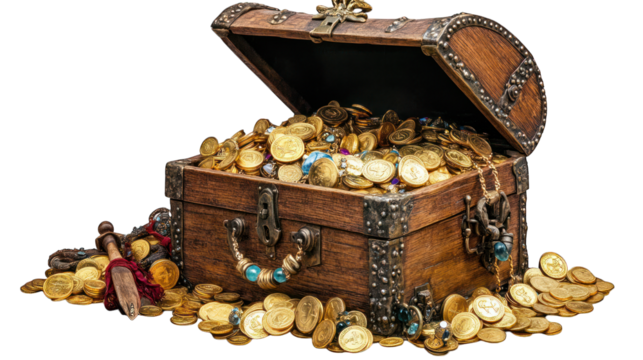 A pirate?s treasure chest overflowing with gold coins and jewels on a transparent background 