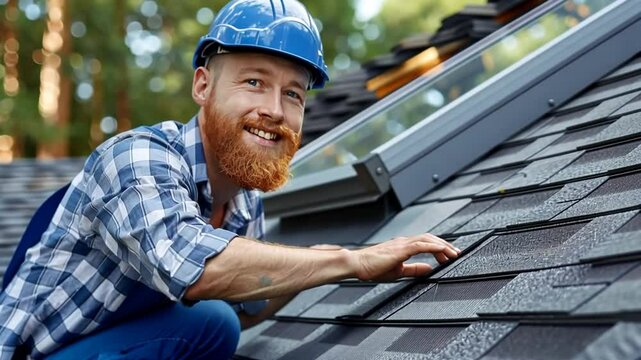 Skilled roofer performs installation on a residential roof in a sunny outdoor setting