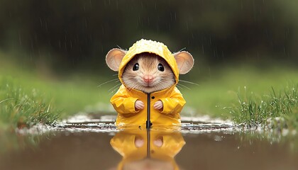 Cute mouse raincoat puddle rain.