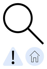 Magnifying glass emphasizing exploration, exclamation mark for caution, and house icon for location. Ideal for search, safety, investigation, navigation, analysis caution clarity. Flat simple