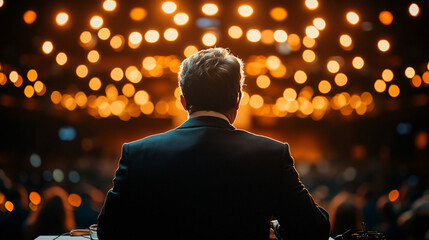 Confident man in a suit observing an engaging seminar stage with enthusiastic audience in attendance focused on canine nutrition myths.